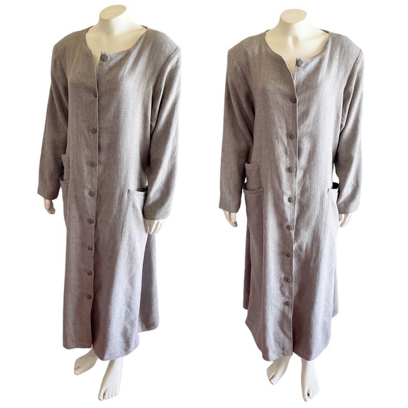 Ann Everett Herringbone Gray Wool Long Custom Pea Coat Button Down - Picture 1 of 16